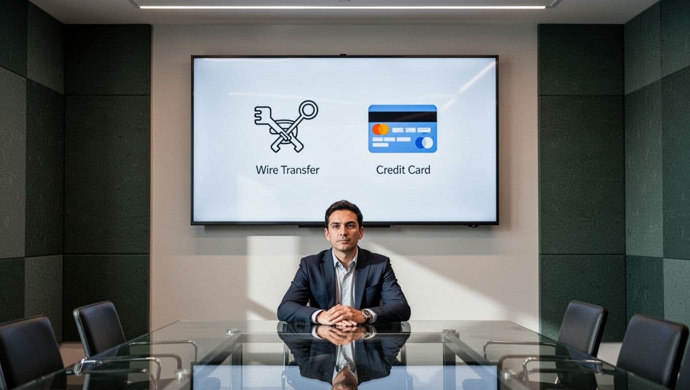 Finance team in modern conference room views large monitor with wire and card payment icons under Payment Speed headline.