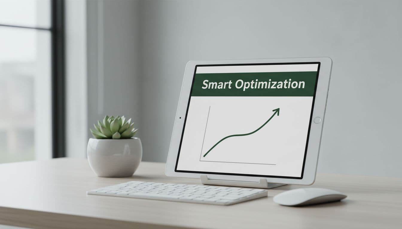 A sleek tablet rests on a clean desk next to a lush green plant. The screen displays a clear financial growth chart beneath a bold header reading Smart Optimization.