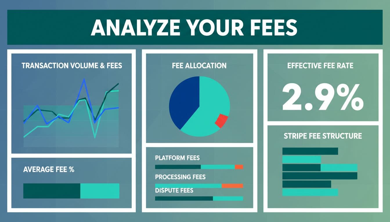 A minimalist financial dashboard features a dark green header reading Analyze Your Fees above abstract analytical charts.