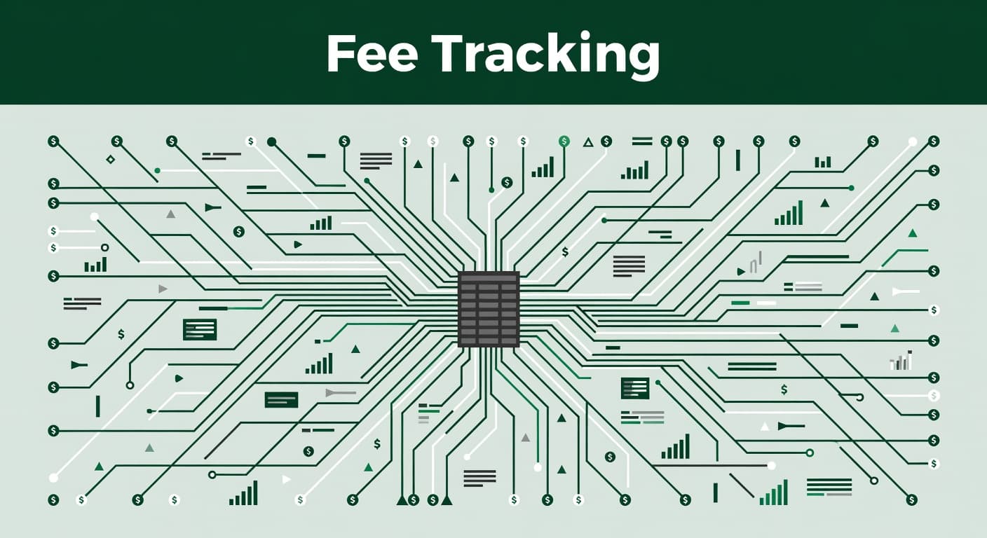 A complex web of interconnected financial data points converges toward a central accounting ledger. A dark green banner spans the top of the frame featuring bold text regarding payment tracking.