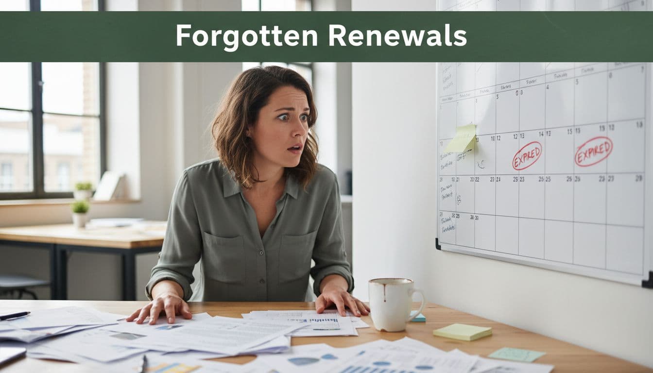 Stressed account manager stares surprised at wall calendar with red-circled dates, one expired, on cluttered desk with papers and coffee mug. Muted dark-green top band headlines 'Forgotten Renewals'.