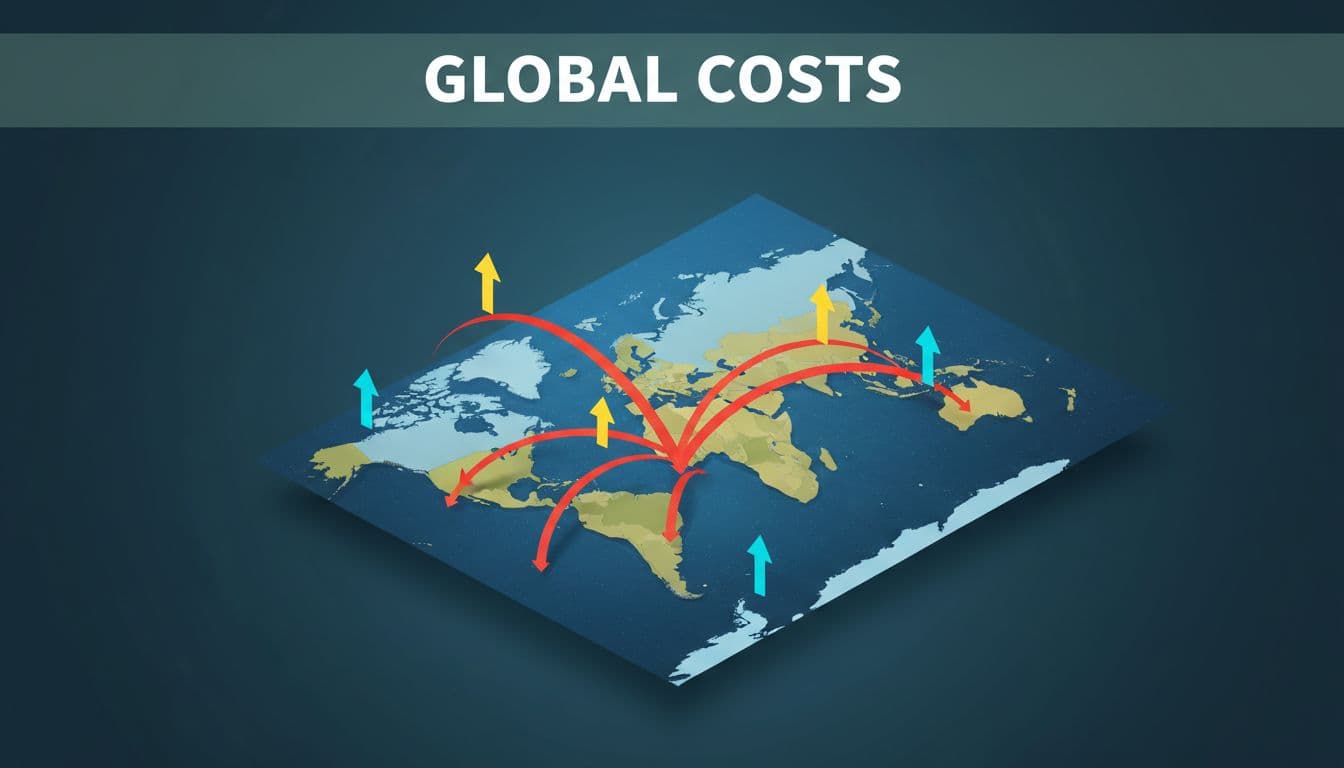 Isometric world map centered on payment flows from the US to Europe and Asia, highlighted with fee arrows in a vibrant professional style. Bold 'Global Costs' headline on a muted dark-green band at the top.