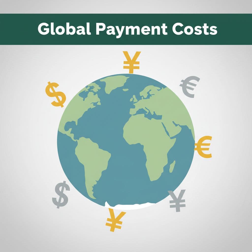 A minimalist globe surrounded by floating currency symbols with the heading Global Payment Costs above.