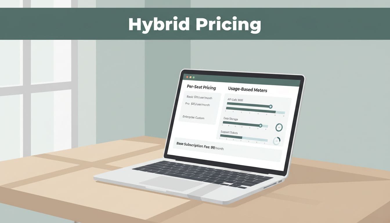 Laptop on office desk displays dashboard with per-seat pricing tiers, usage meters, base fee, and 'Hybrid Pricing' headline in dark-green band.