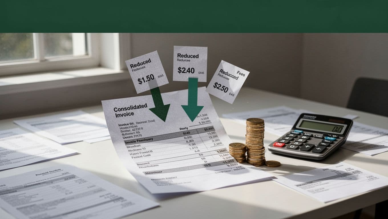 Small paper invoices funnel into one large consolidated invoice on a clean desk with calculator; downward arrow shows reduced fees and accumulating coins.