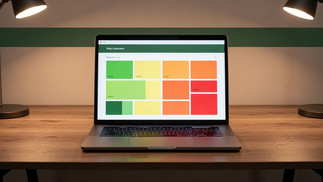 Angled laptop on desk shows color-coded contract dashboard grid: green active, yellow upcoming, orange urgent, red lapsed.