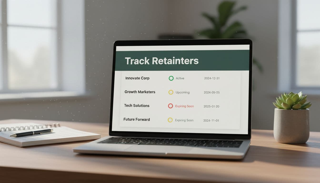 Laptop on home office desk shows dashboard with client retainers, renewal dates, status colors, and top 'Track Retainers' banner.