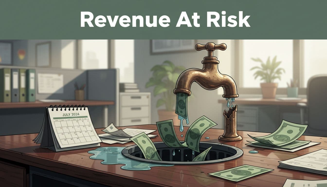 Faucet on office desk drips dollar bills into drain amid scattered papers and calendar, with top dark-green band reading 'Revenue At Risk'.