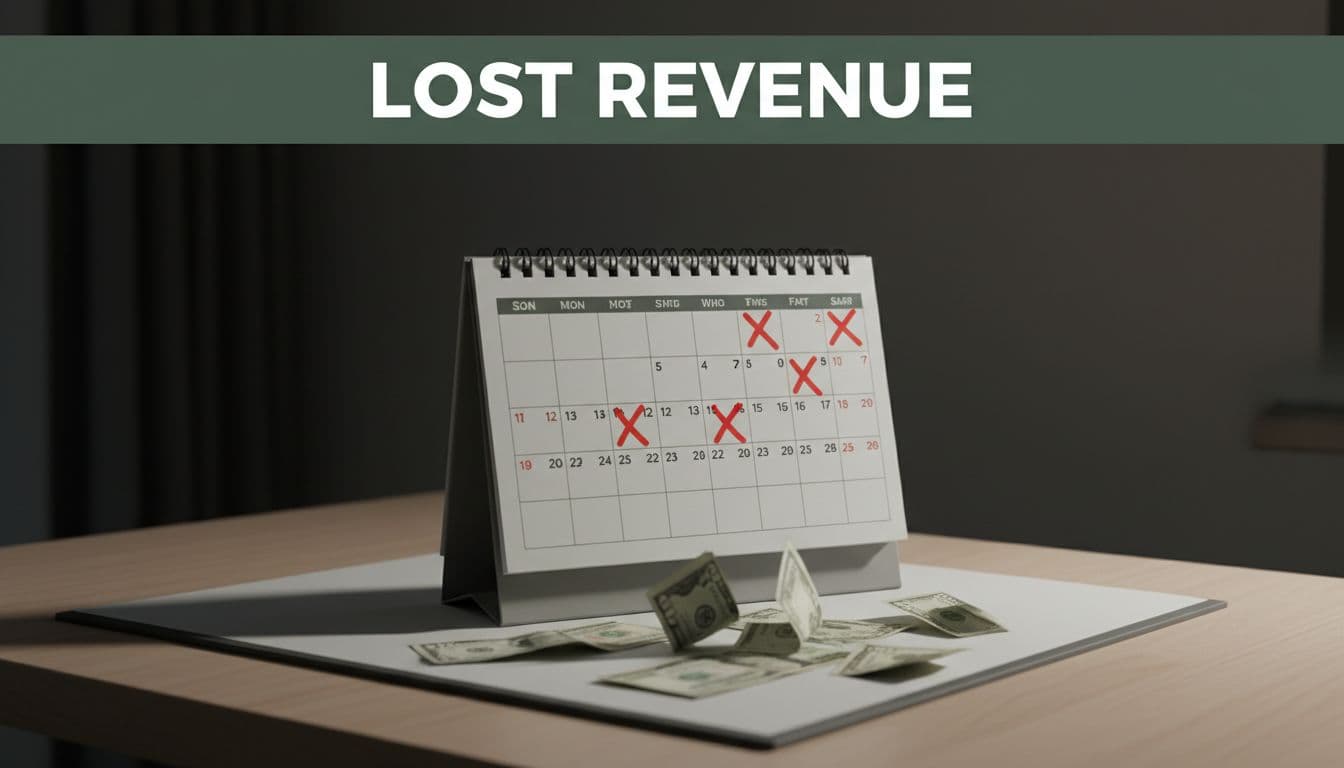 Dark green header band reads 'Lost Revenue' above office desk calendar with red X marks on expiry dates and fading dollar bills.