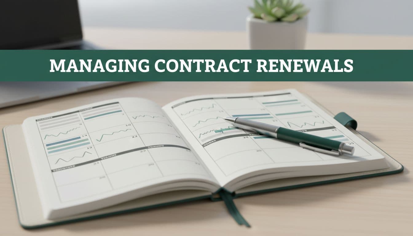 A close-up view of a professional planner and pen featuring a dark green header text.