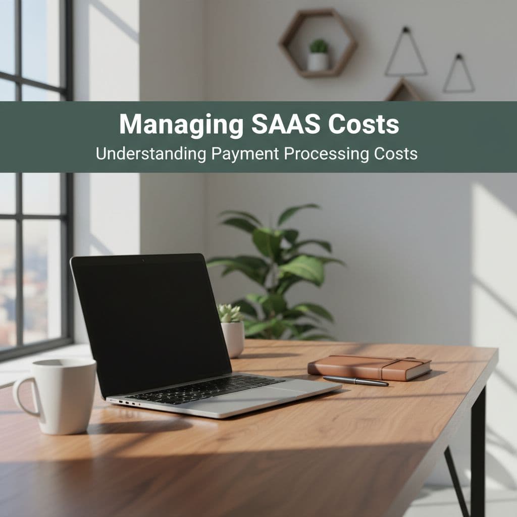 A sleek wooden desk features a closed laptop situated in a brightly lit room. A muted dark green banner displays white text about managing software costs across the upper image border.