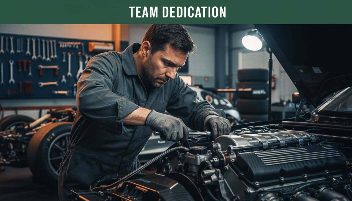 A focused mechanic works under the hood of a race car inside a moody workshop.