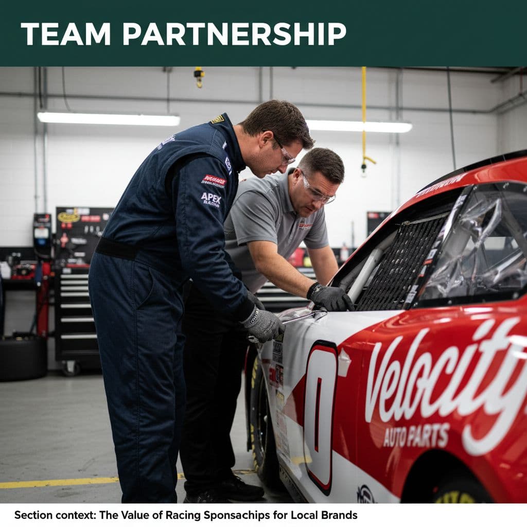A mechanic and crew member work on a race car inside a brightly lit professional garage.