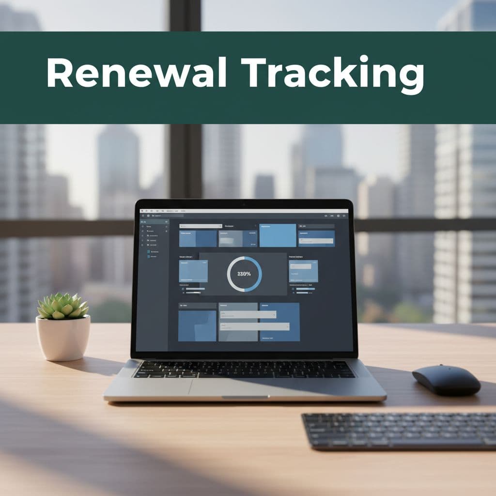 A minimalist office desk features a laptop with a renewal dashboard under a dark green header.