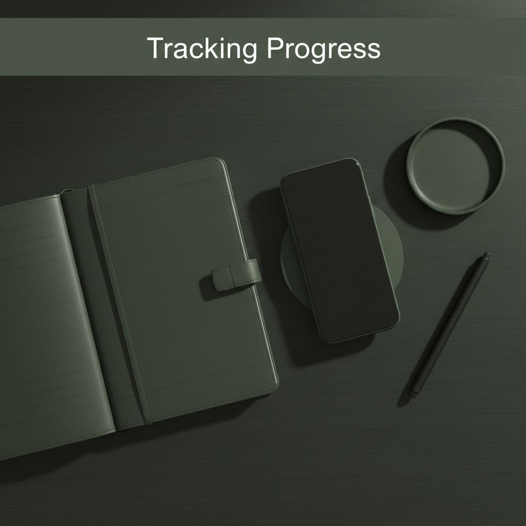 Top-down view of organized office desk with leather planner, smartphone, and 'Tracking Progress' headline in muted dark-green tones.