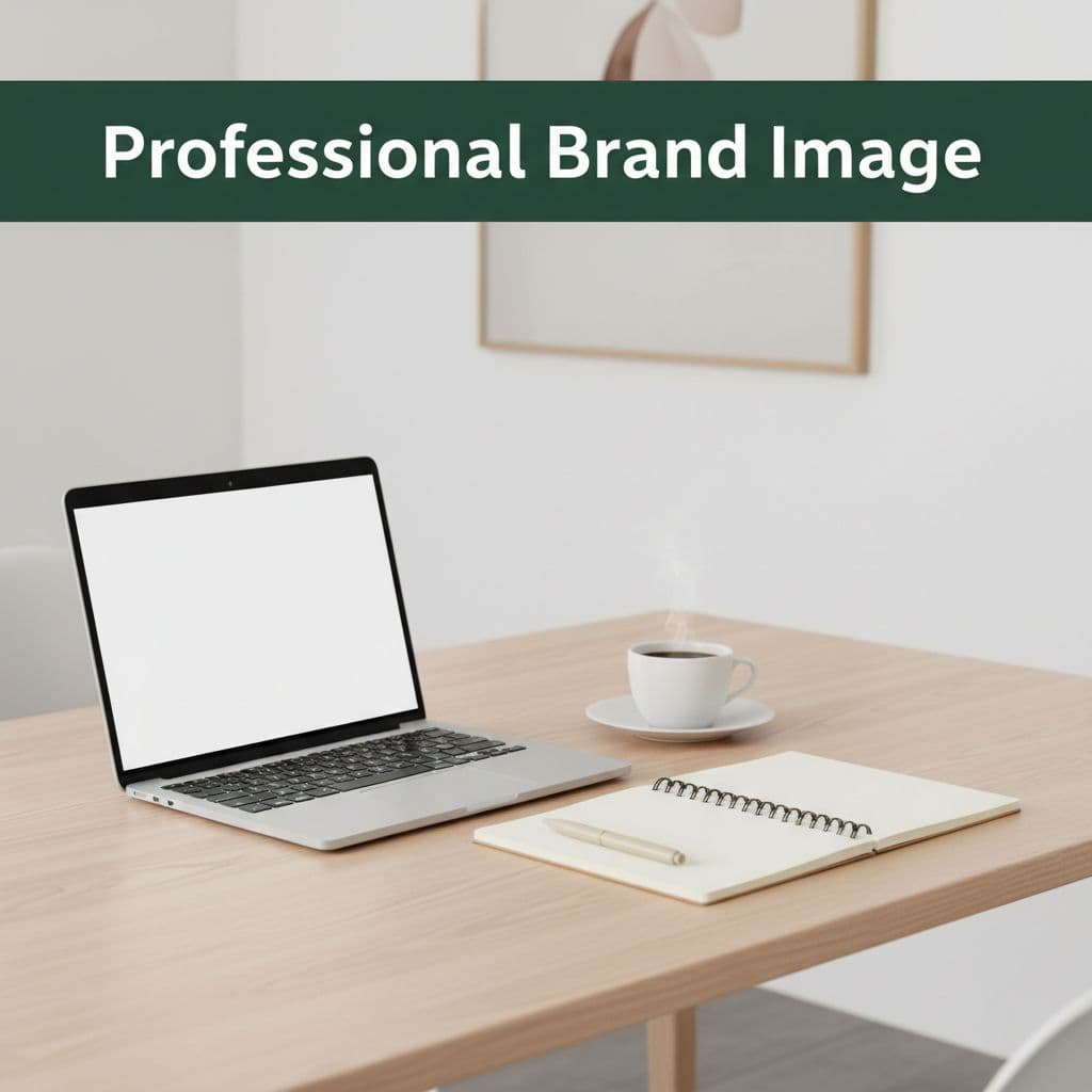 A modern wooden desk holds a laptop, notebook, and coffee cup under bright, professional lighting.