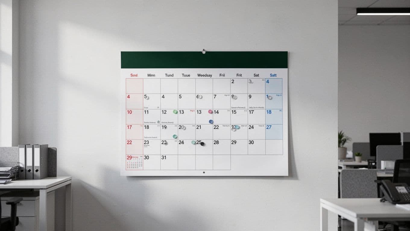 A minimalist office wall calendar features a bold dark-green header titled Renewal Planning.