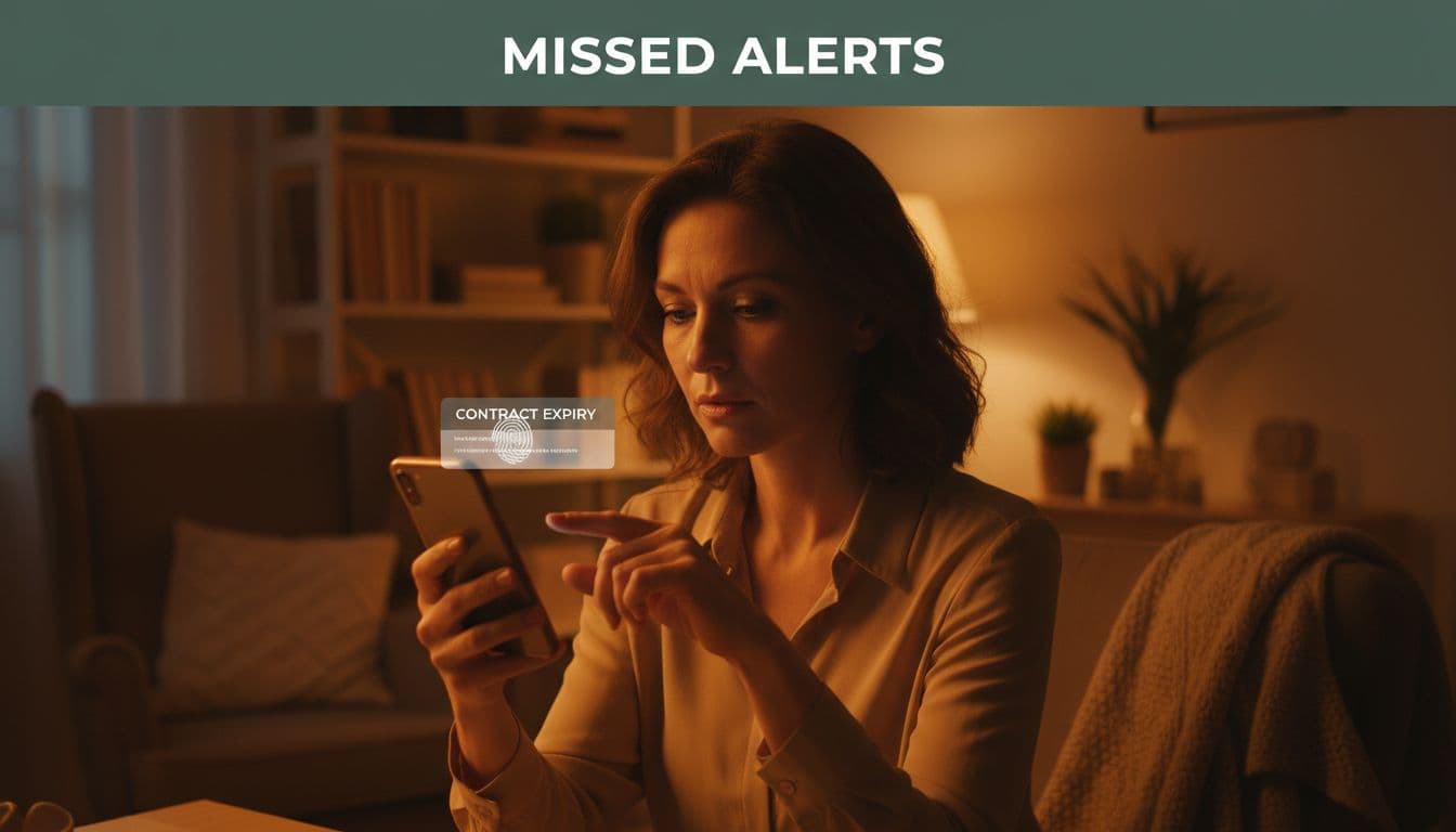 Account manager in dim home office ignores contract expiry notification on phone held relaxed, dark-green top banner reads 'Missed Alerts'.