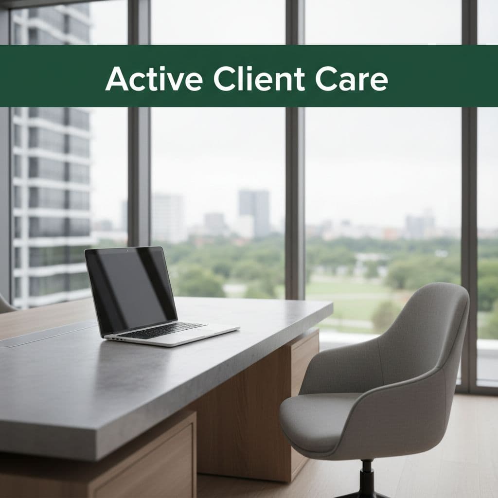A clean, minimalist desk featuring a laptop under a dark green header reading Active Client Care.