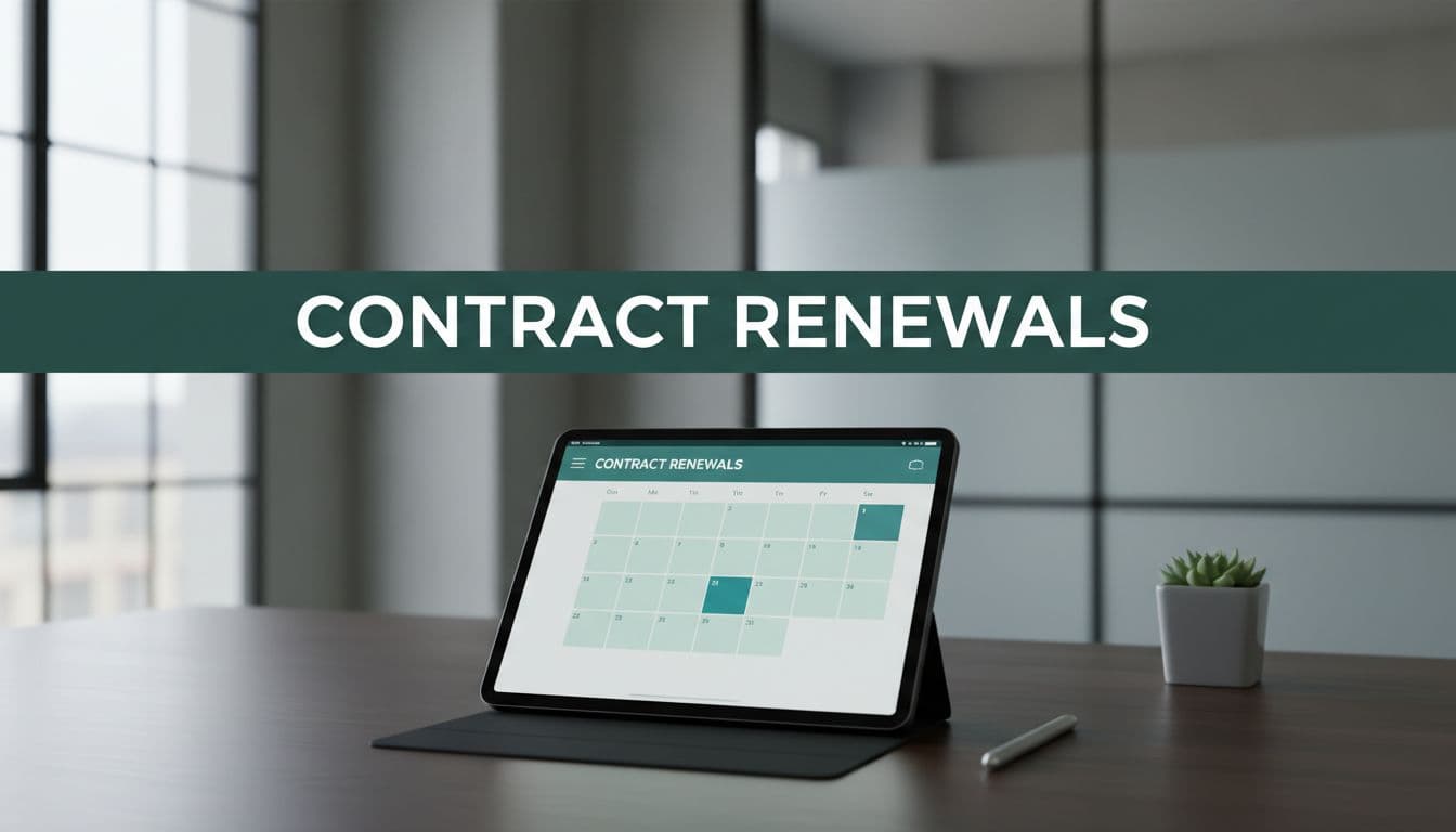 A digital tablet displaying a calendar interface rests on a clean desk with a contract renewals heading.