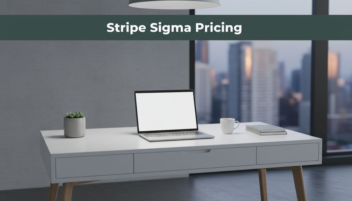 A clean minimalist office desk featuring a laptop under soft lighting with a dark green header banner.