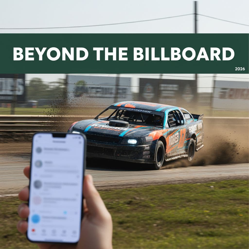 A race car speeds across a dirt track behind a smartphone displaying a social media interface.