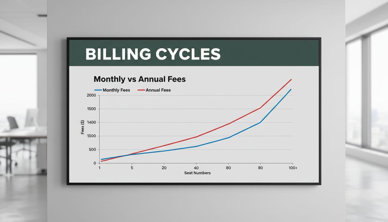 Graph chart comparing monthly versus annual billing fees on a digital screen, featuring simple line graphs rising with seat numbers against a neutral office background.