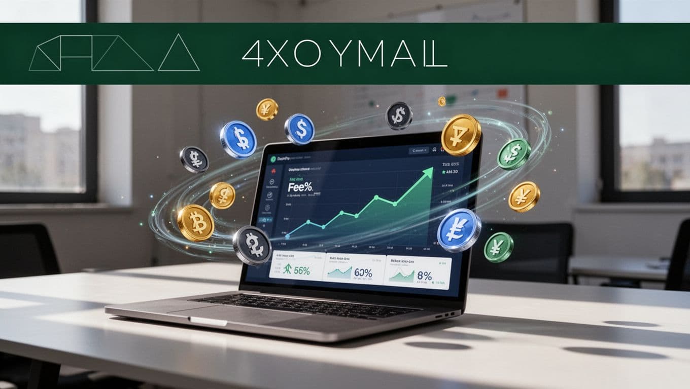 Laptop in modern office shows dashboard with rising fee percentages and floating USD, EUR, GBP symbols below top green headline band.