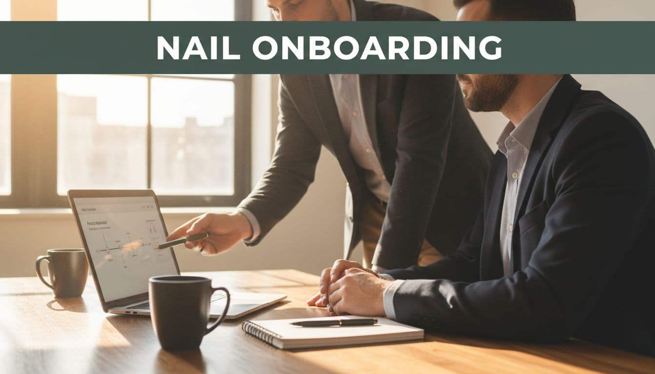 Scene of a small marketing agency team in a conference room conducting a smooth client onboarding session, with an account manager presenting project roadmap on laptop to seated client amid welcome materials on table under bright natural light.