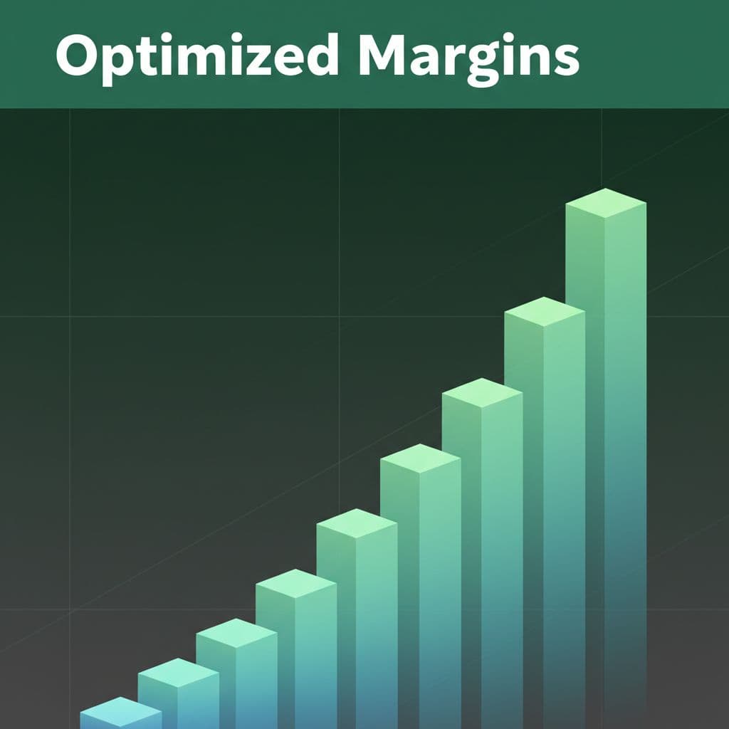 Ascending geometric bar charts rise against a clean, minimalist backdrop, positioned below a striking dark green horizontal bar labeled with bold text regarding margins. This composition illustrates financial growth and efficiency.