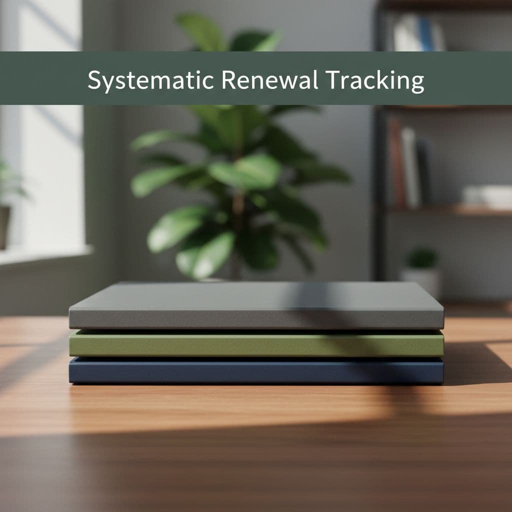 Three neatly stacked folders rest upon a polished wooden desk surface. Soft natural light highlights the document edges, creating a professional atmosphere beneath a muted dark-green banner containing bold organizational text.