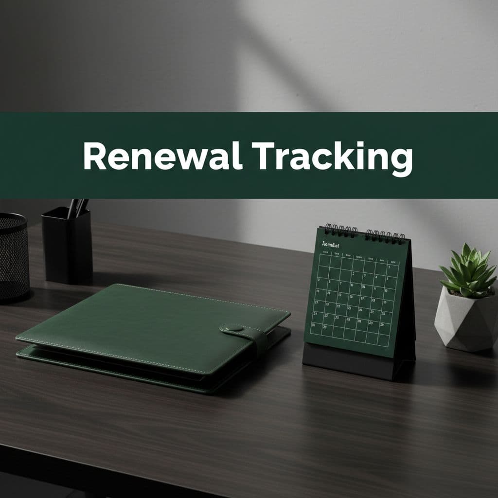 A neat workspace features a closed folder and a desk calendar set against a dark green horizontal banner. The clean design highlights the text Renewal Tracking in bold white letters above.