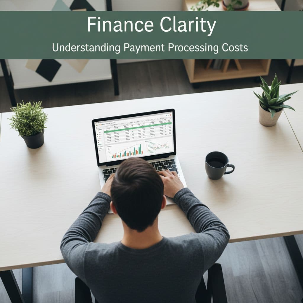 Overhead view of minimalist office desk with laptop, coffee cup, seated person, and dark-green 'Finance Clarity' band at top.