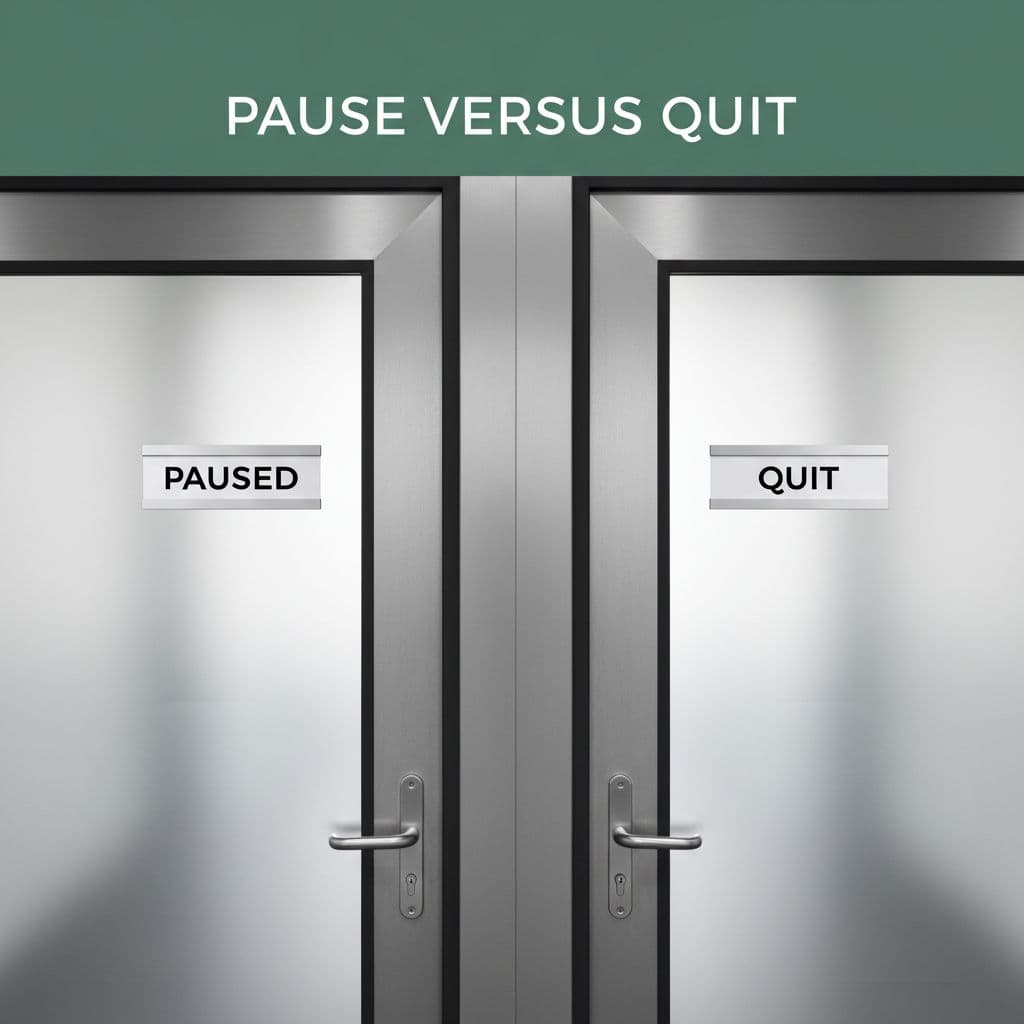 Two sleek office doors stand side by side featuring contrasting signage. The left door displays a paused indicator while the right door shows a quit sign under a dark green header.