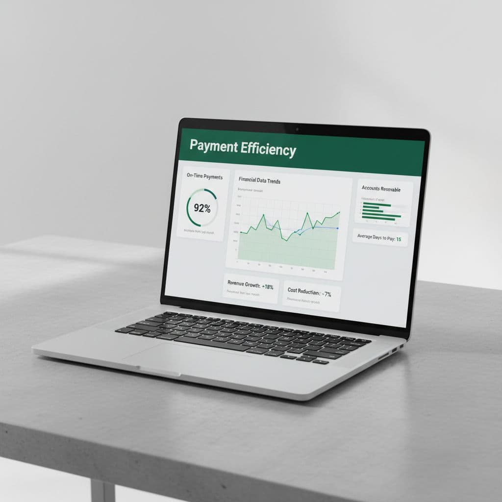 Laptop screen displays clean modern B2B SaaS dashboard with financial data trends and dark green 'Payment Efficiency' header band.
