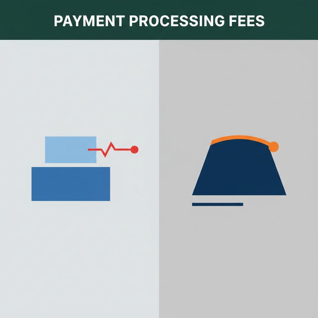 Split-screen minimalist graphic with dark green top band showing 'Payment Processing Fees' headline and two abstract geometric shapes below for cost structures.