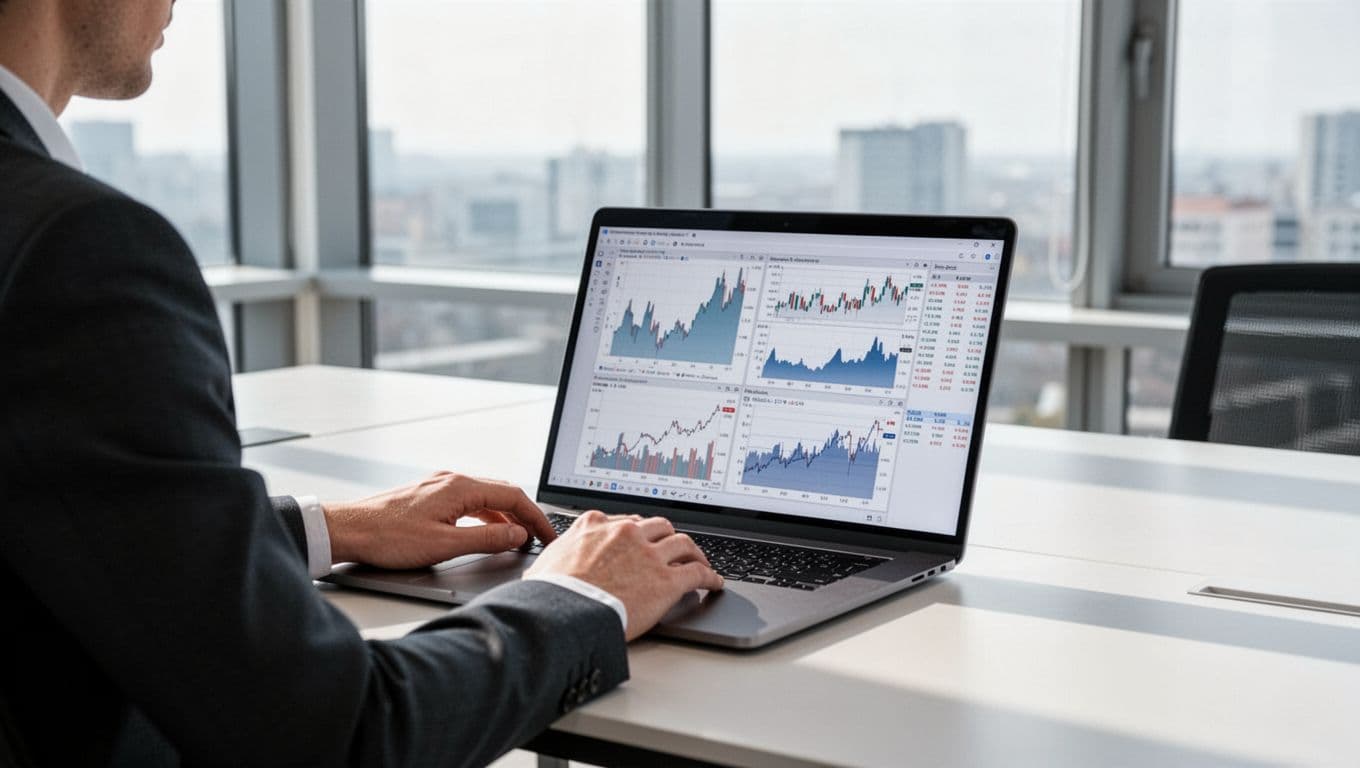 Person at desk examines payment fee charts on laptop screen in modern office with natural daylight.