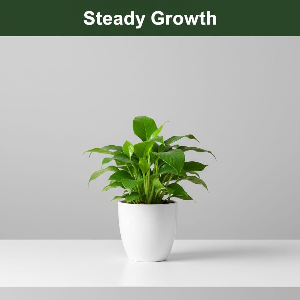 A single green plant sits on a white desk below a dark green header with white text.