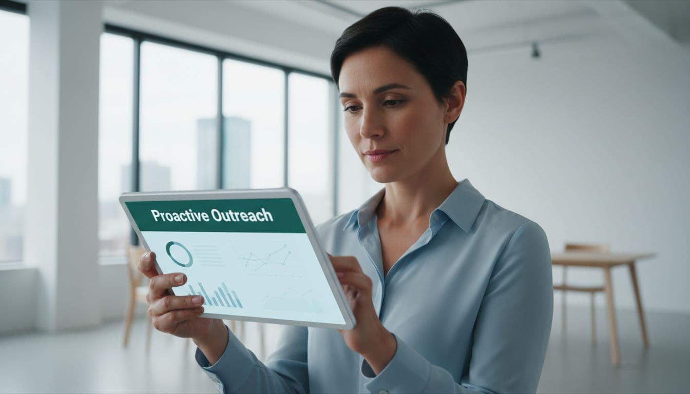 A focused professional monitors digital client data on a tablet in a modern bright office environment.
