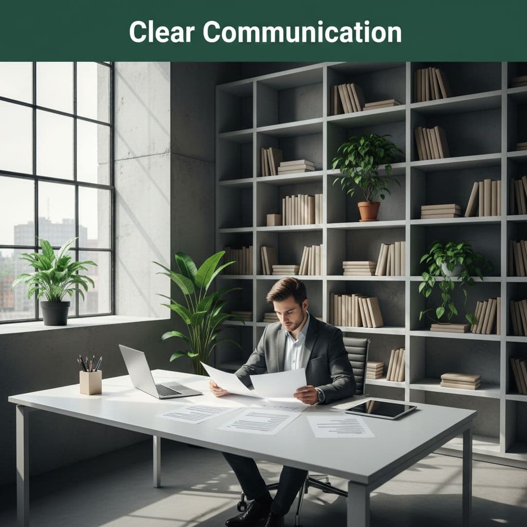 A single professional reviews documents at a clean desk under bright natural light.