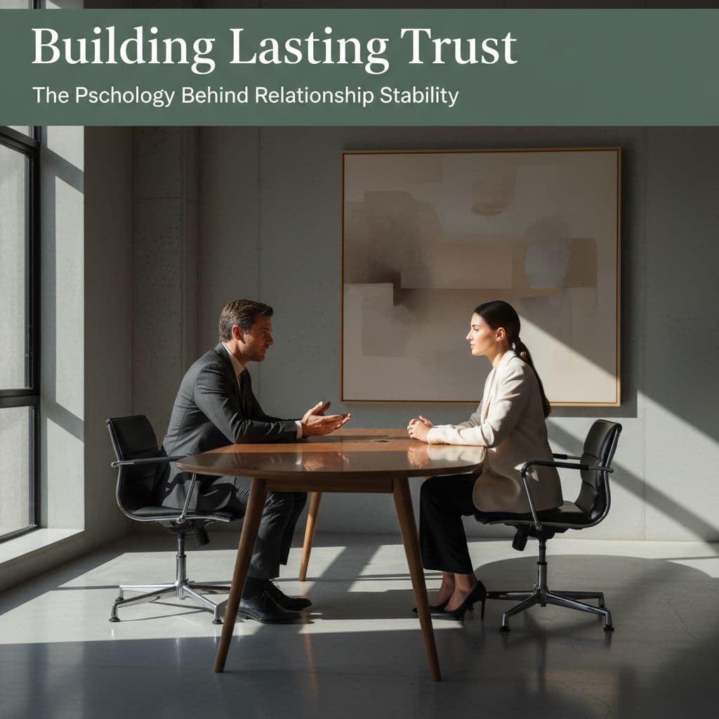 Two colleagues sit across a polished wooden table in a minimalist room, leaning in for a serious discussion. A dark green accent stripe runs horizontally against the wall above them.