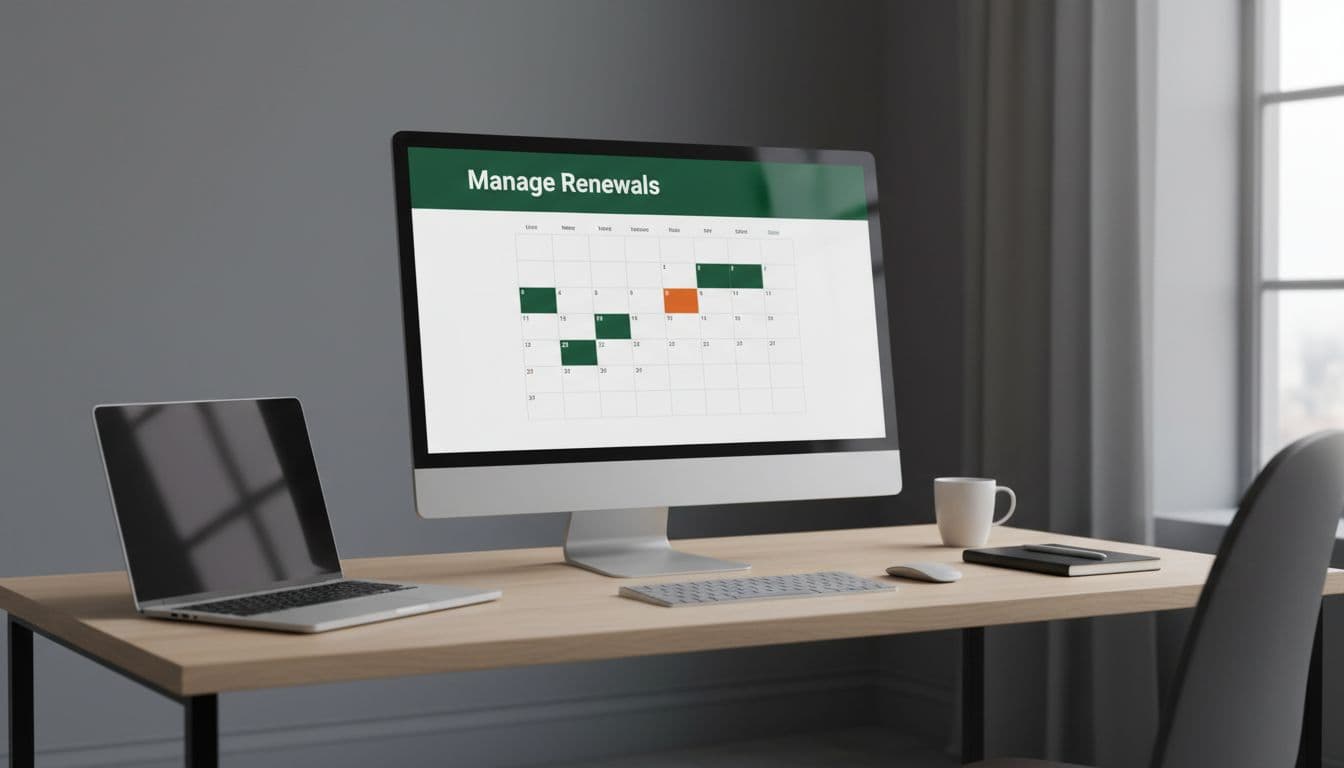 A clean desk workspace featuring a computer monitor displaying a client renewal management dashboard.