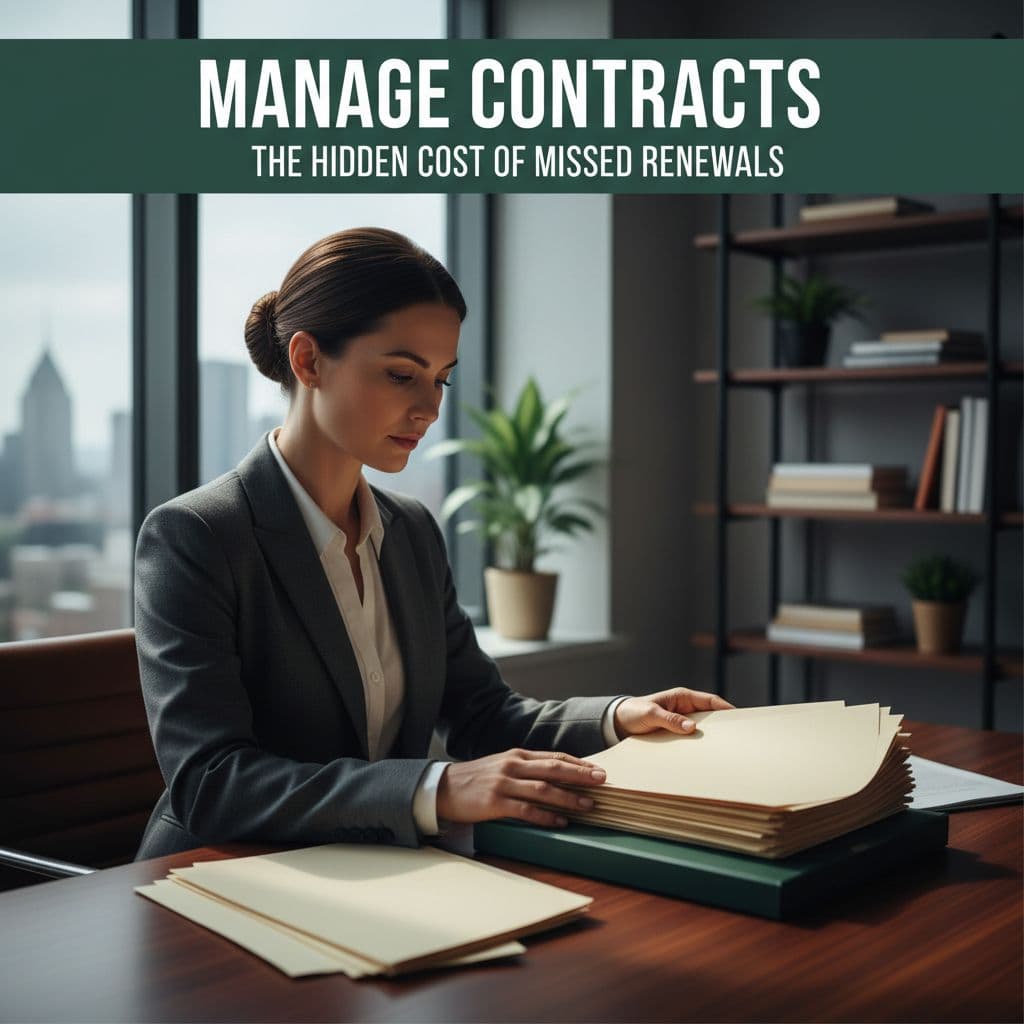Professional in clean office sorts paper files under dark green 'Manage Contracts' banner.