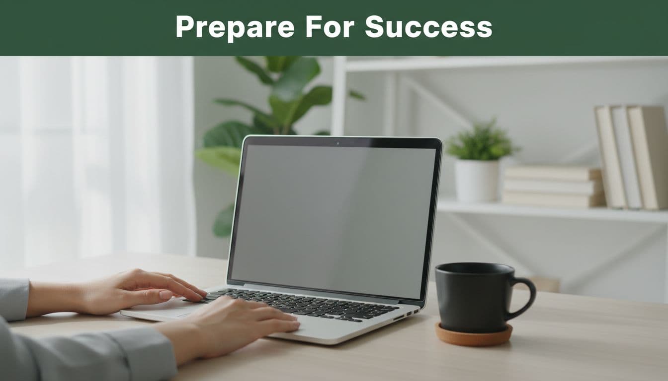 A clean wooden desk features an open laptop and a steaming coffee cup under soft window light. Hands rest motionless on the tabletop below a bold green success banner at the top.