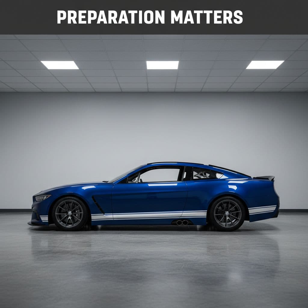 A sleek race car sits parked inside a bright, minimalist garage awaiting preparation.