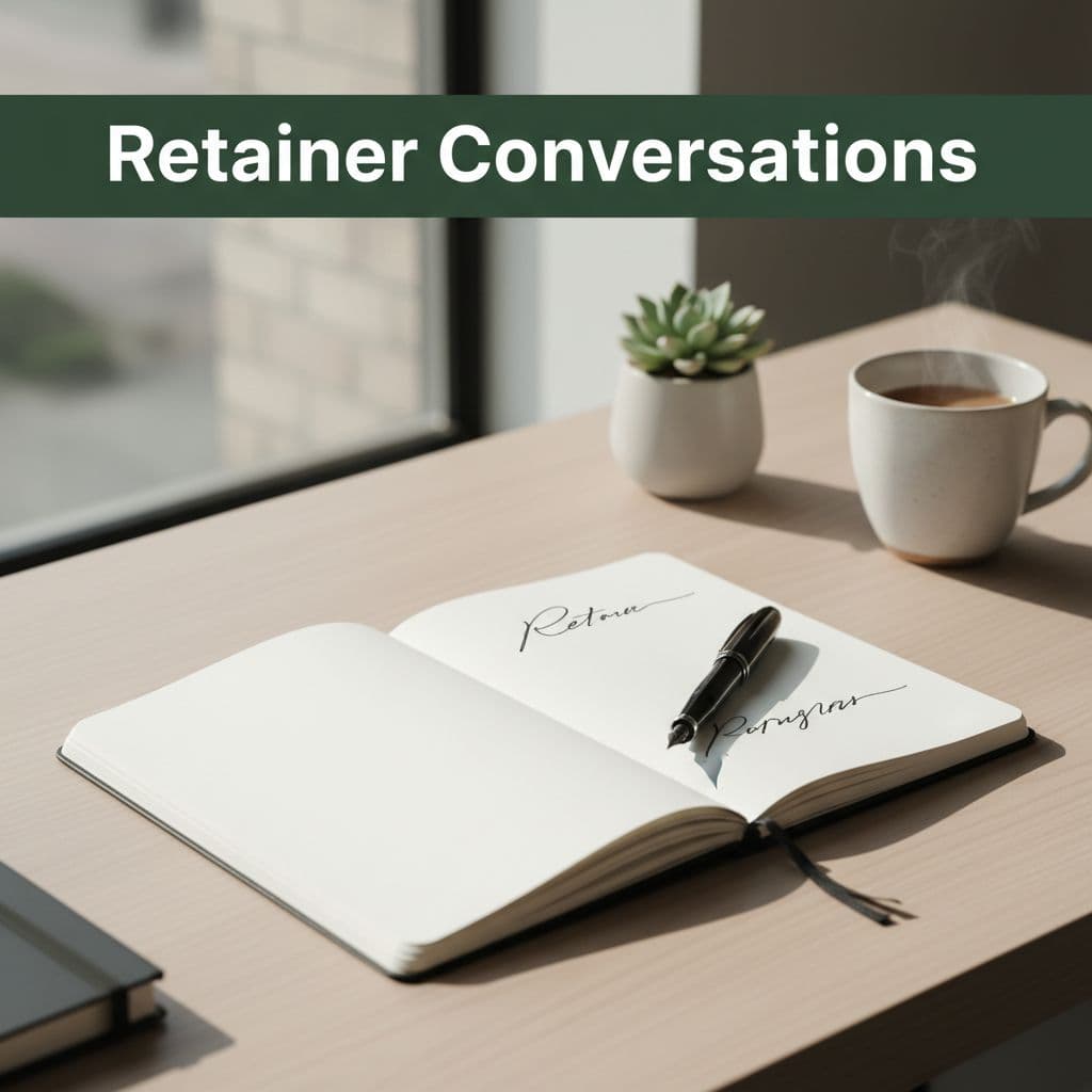 A dark green header sits above a clean desk featuring a pen resting on an open notebook. The high-angle shot captures a minimalist workspace designed for handling complex client relationship discussions.