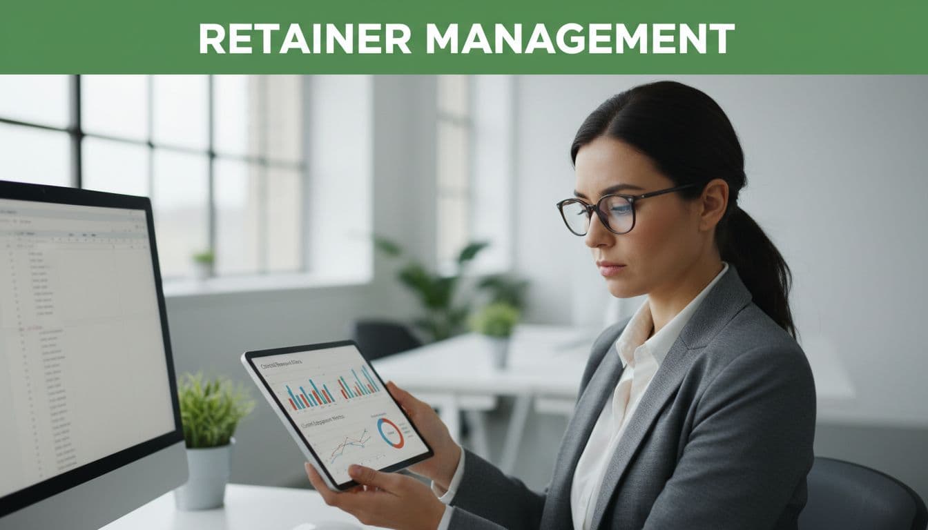 A focused professional in a bright office reviews data on a tablet under a green retainer management banner.