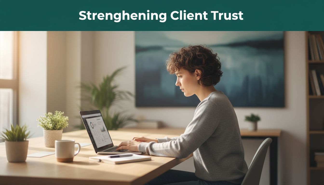 A professional works on a laptop at a tidy desk under a dark green banner titled Strengthening Client Trust.