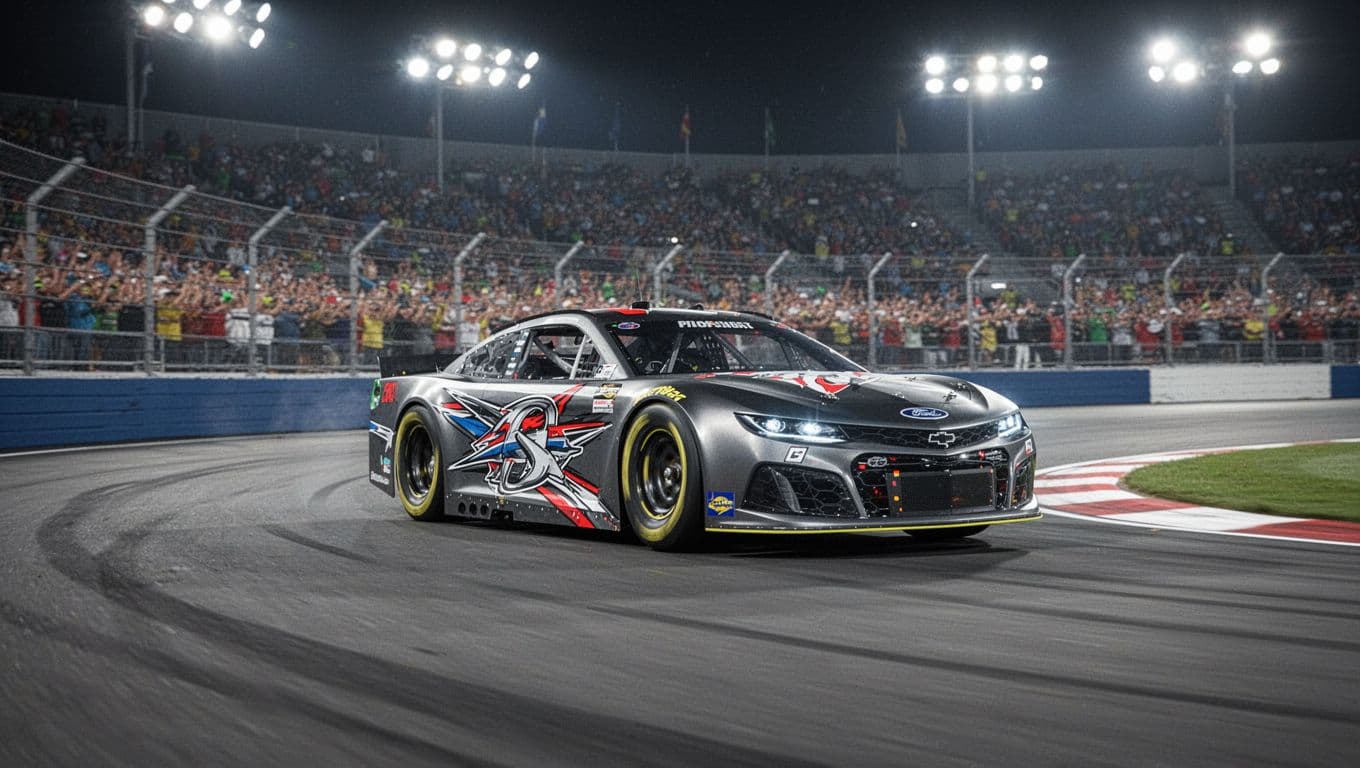 Sleek race car speeds on short oval track under bright lights with motion blur on wheels and excited crowd behind.