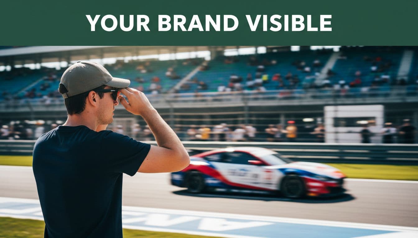 A spectator watches a blurred race car speeding past from the trackside pit lane area.